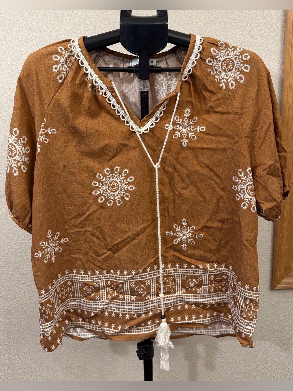 Boho Embroidered Tie-Front Puff Sleeve Blouse | Festival Sourhwestern Coastal |M